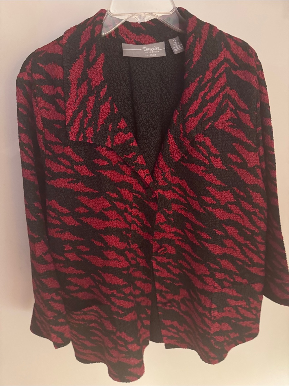 Chico's Travelers Red and Black Zebra-Print 3 Button Cardigan